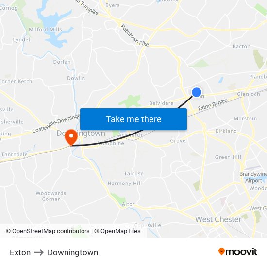 Exton to Downingtown map