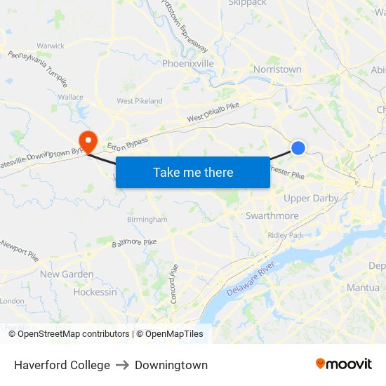 Haverford College to Downingtown map