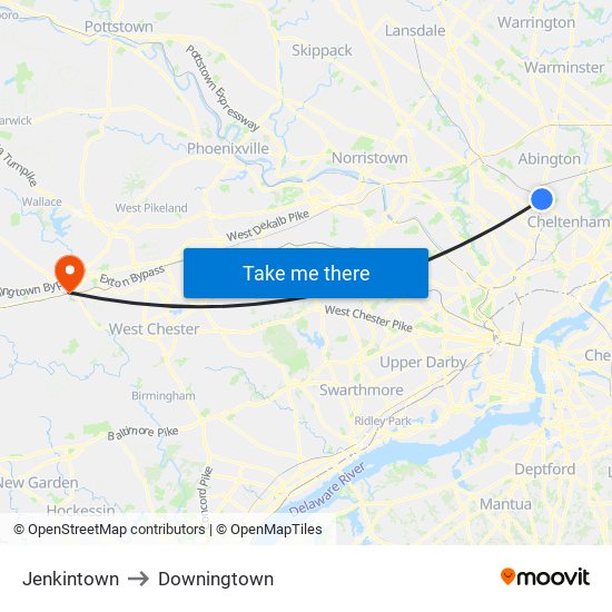 Jenkintown to Downingtown map