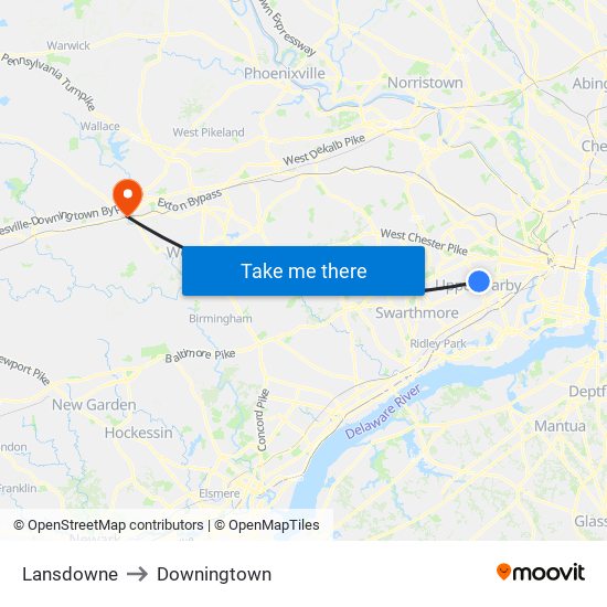 Lansdowne to Downingtown map