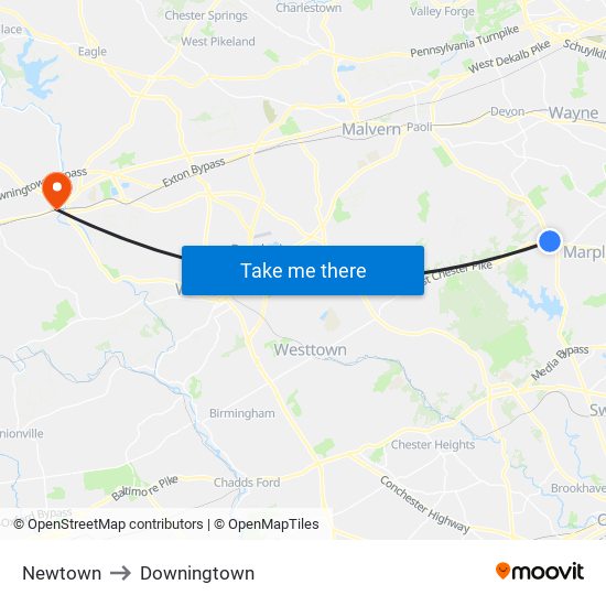 Newtown to Downingtown map