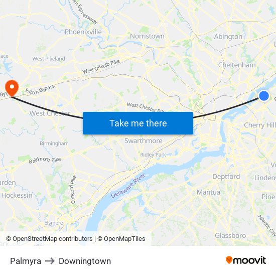 Palmyra to Downingtown map