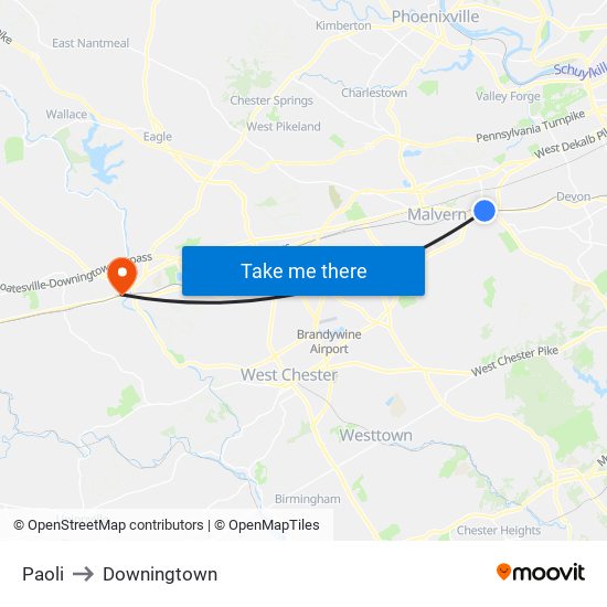 Paoli to Downingtown map
