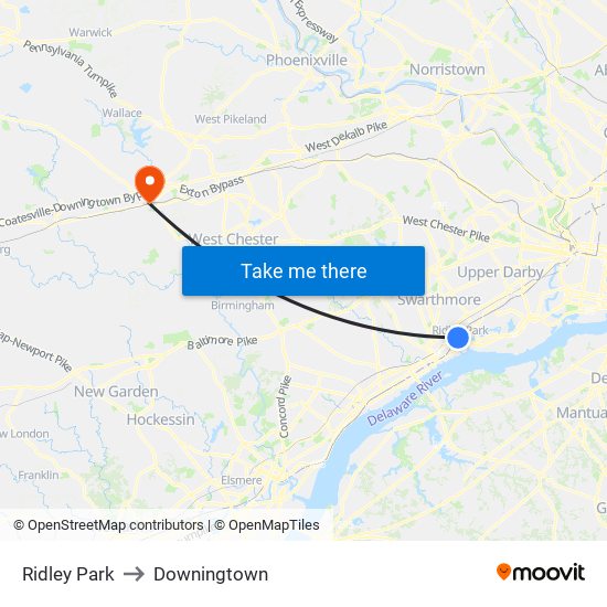 Ridley Park to Downingtown map
