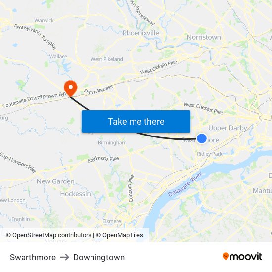 Swarthmore to Downingtown map