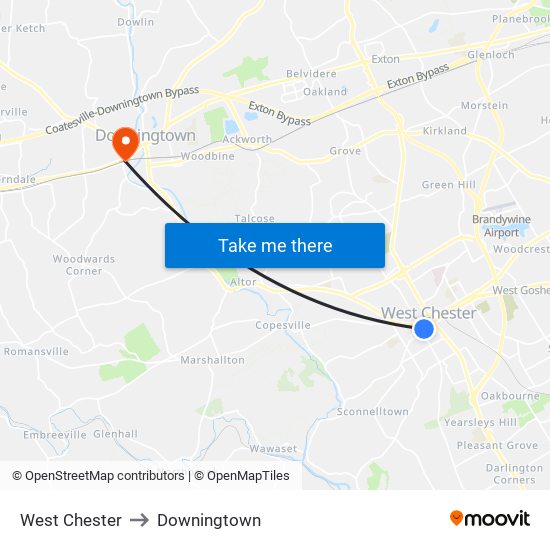 West Chester to Downingtown map