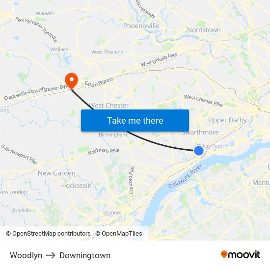 Woodlyn to Downingtown map