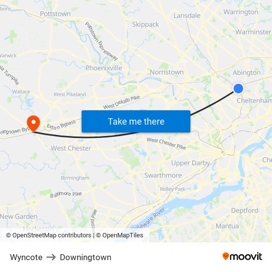 Wyncote to Downingtown map