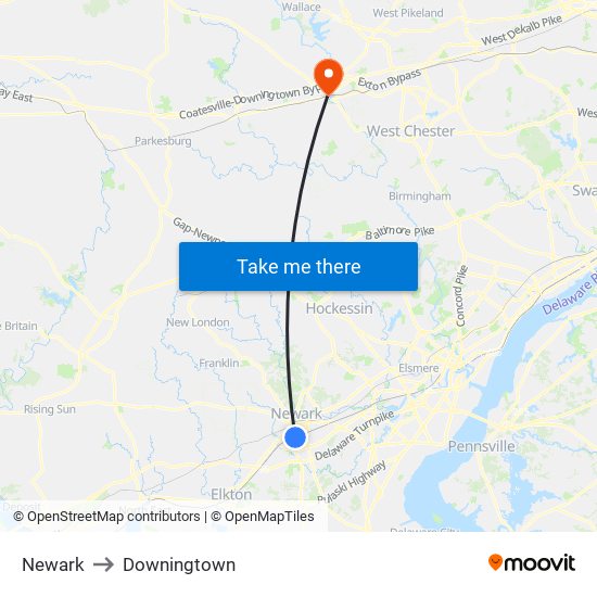 Newark to Downingtown map