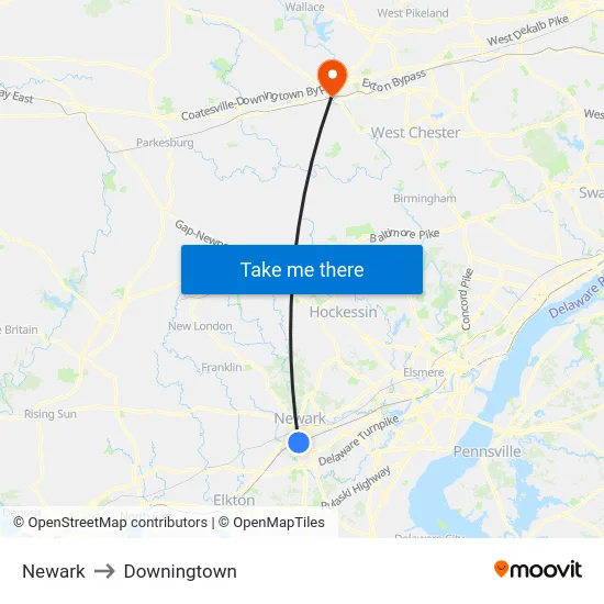 Newark to Downingtown map