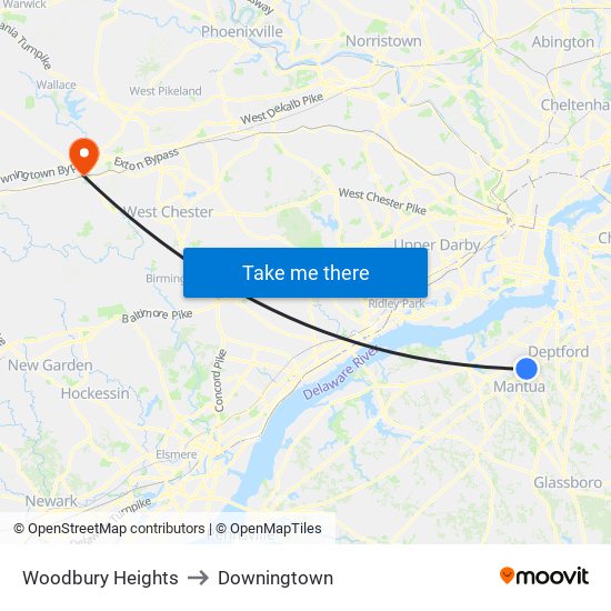 Woodbury Heights to Downingtown map