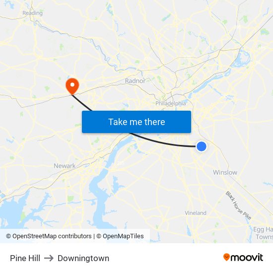 Pine Hill to Downingtown map