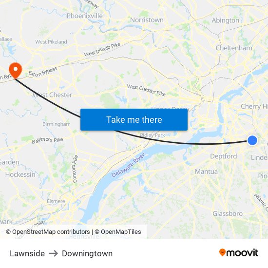 Lawnside to Downingtown map