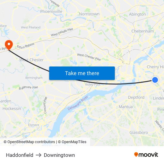 Haddonfield to Downingtown map