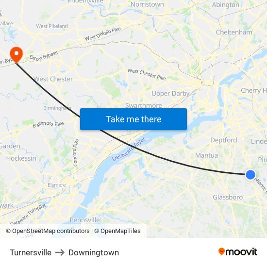 Turnersville to Downingtown map