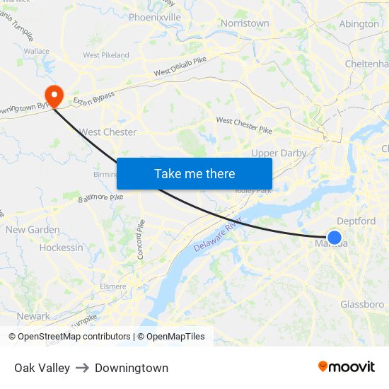 Oak Valley to Downingtown map