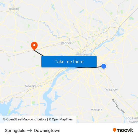 Springdale to Downingtown map