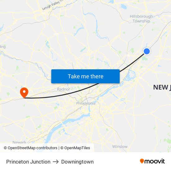 Princeton Junction to Downingtown map