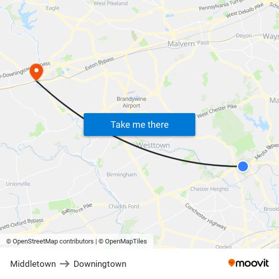 Middletown to Downingtown map