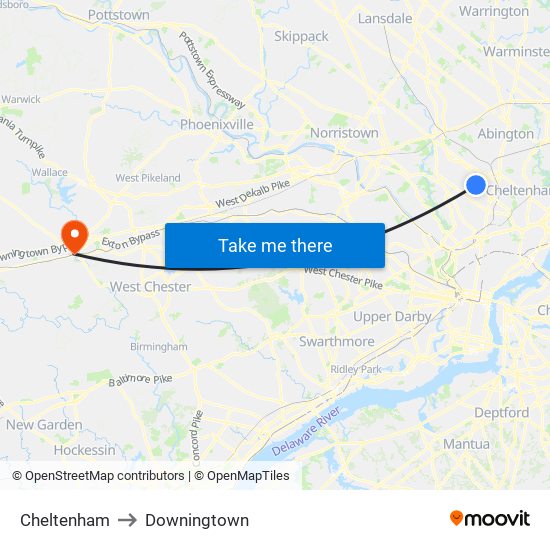 Cheltenham to Downingtown map