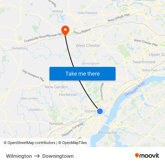 Wilmington to Downingtown map