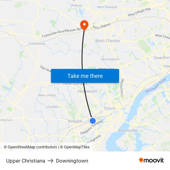 Upper Christiana to Downingtown map