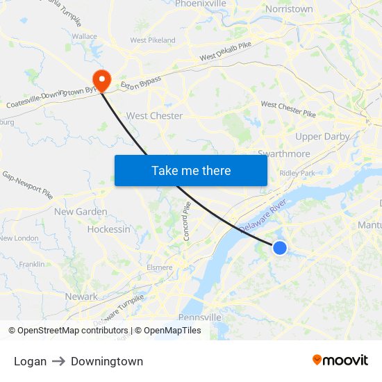 Logan to Downingtown map