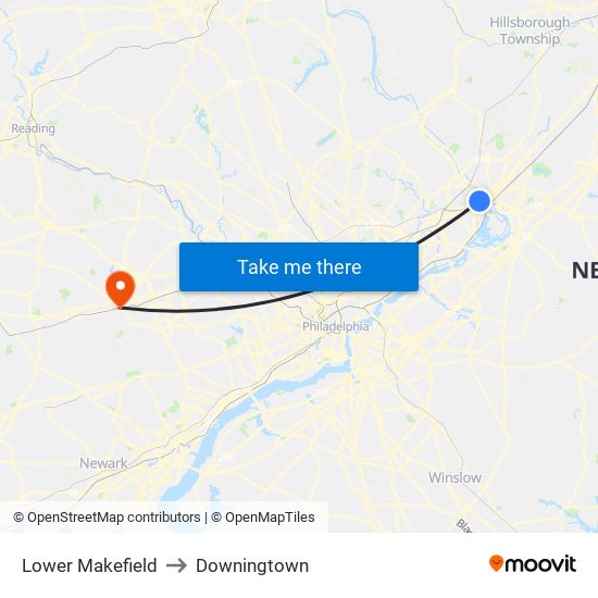 Lower Makefield to Downingtown map