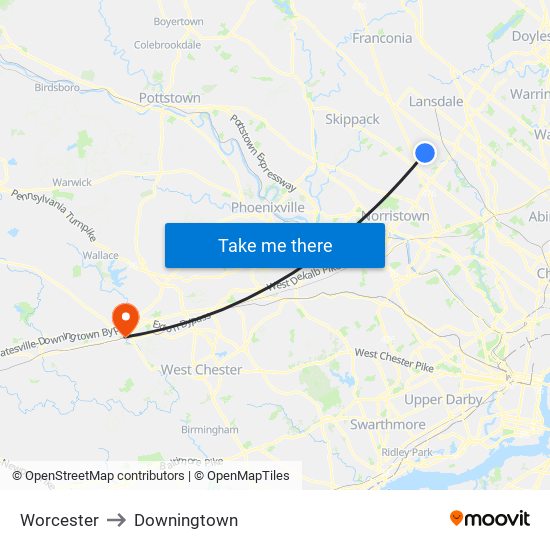 Worcester to Downingtown map