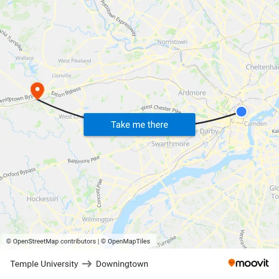 Temple University to Downingtown map