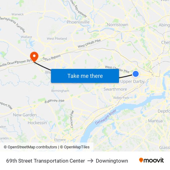 69th Street Transportation Center to Downingtown map