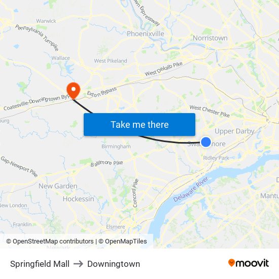Springfield Mall to Downingtown map