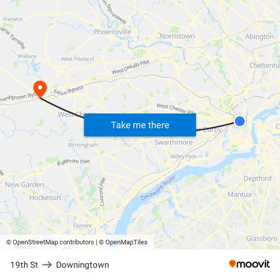 19th St to Downingtown map