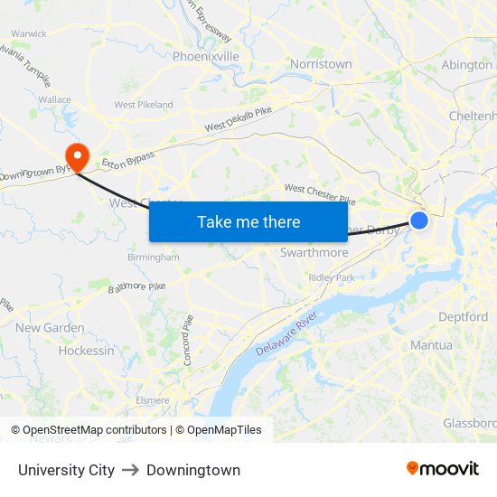 University City to Downingtown map
