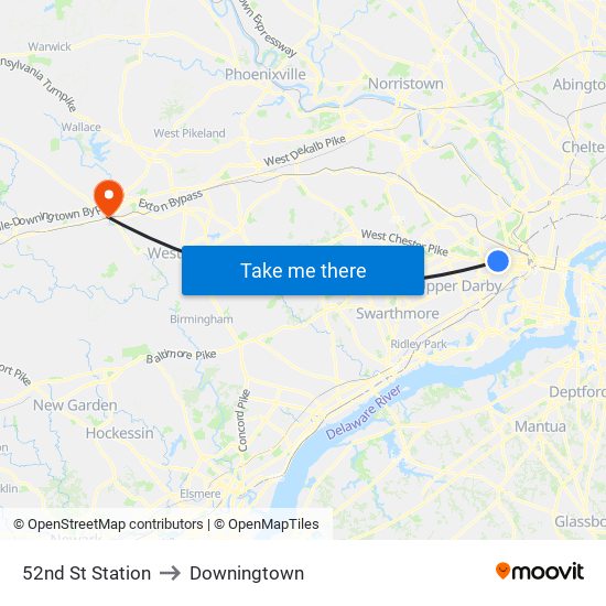 52nd St Station to Downingtown map