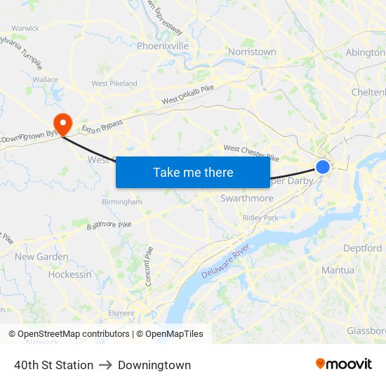 40th St Station to Downingtown map