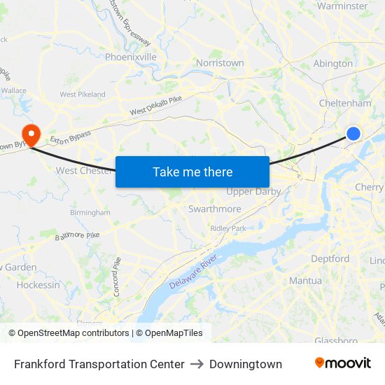 Frankford Transportation Center to Downingtown map