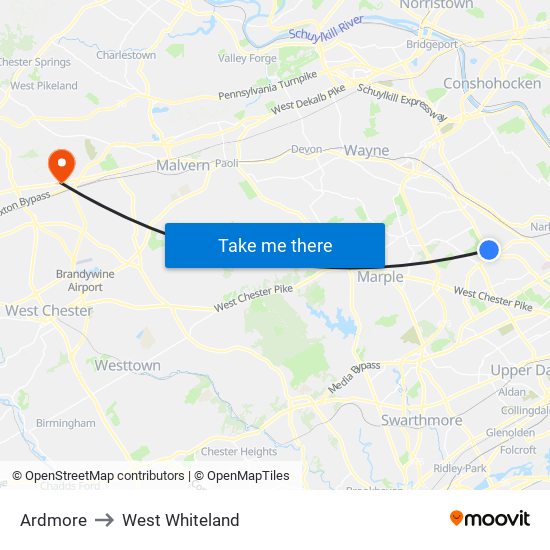 Ardmore to West Whiteland map
