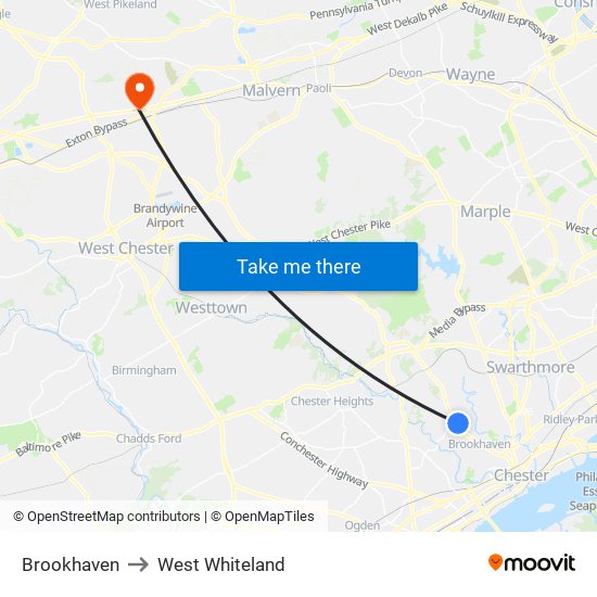 Brookhaven to West Whiteland map