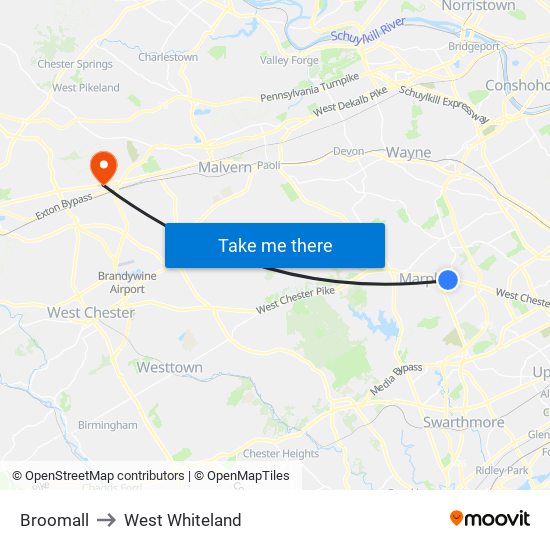 Broomall to West Whiteland map