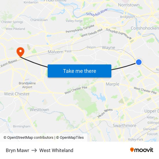 Bryn Mawr to West Whiteland map