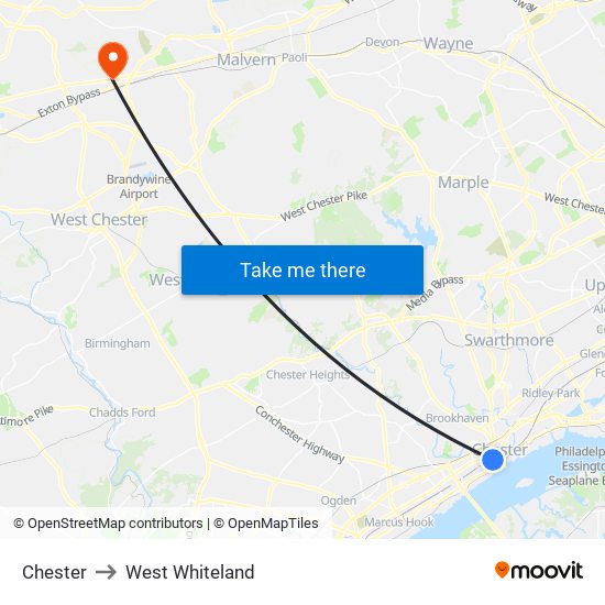 Chester to West Whiteland map