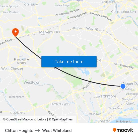 Clifton Heights to West Whiteland map