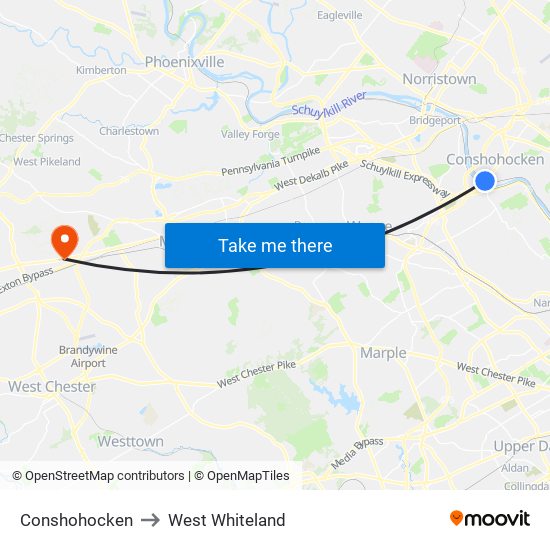 Conshohocken to West Whiteland map