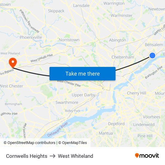 Cornwells Heights to West Whiteland map