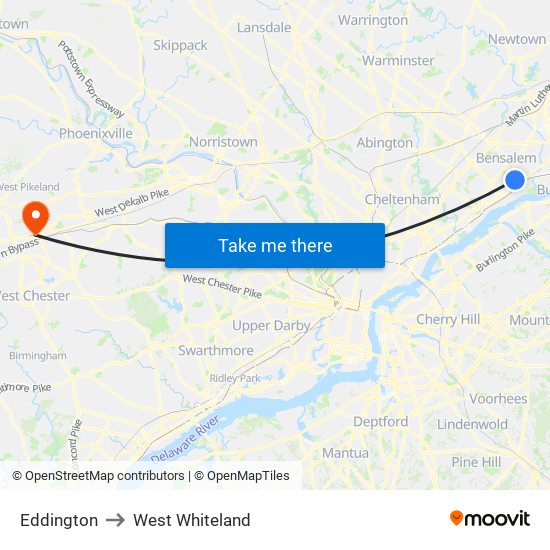 Eddington to West Whiteland map
