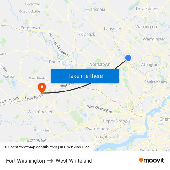 Fort Washington to West Whiteland map