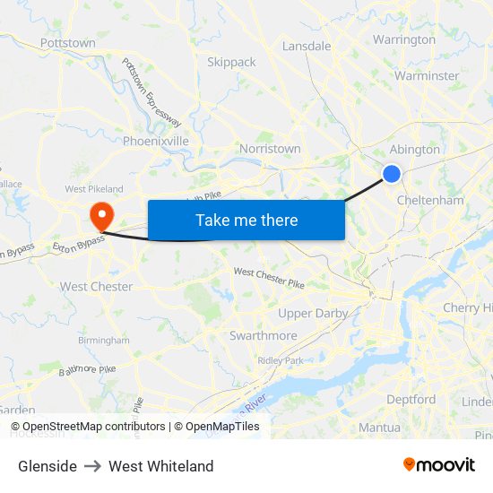 Glenside to West Whiteland map