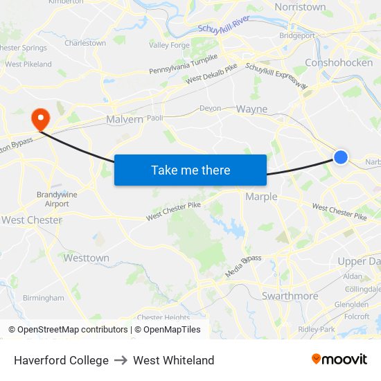 Haverford College to West Whiteland map