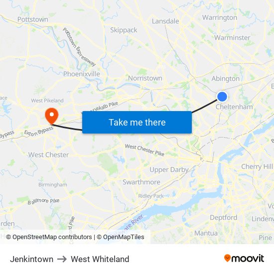Jenkintown to West Whiteland map